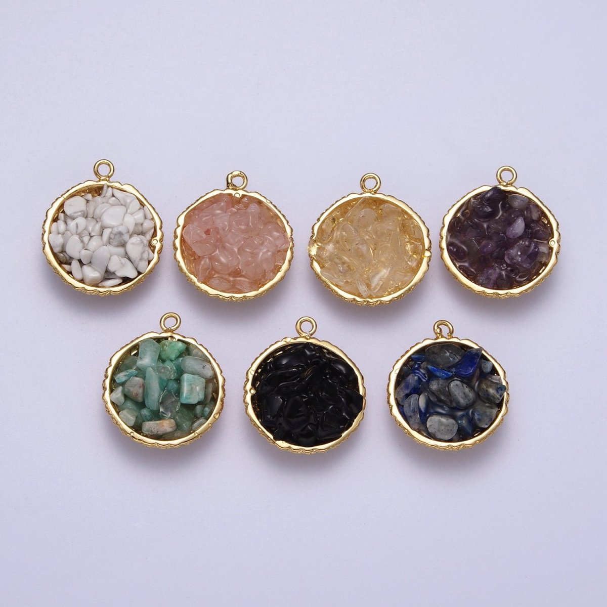 Gold Natural Chip Bead Gemstone Round Charm | C-328 C-330 C-338 C-627 C-632 C-635 C-641 - DLUXCA