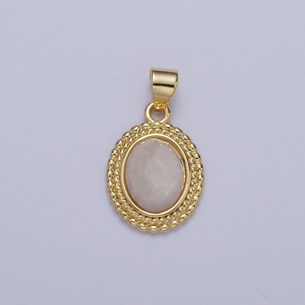 Gold Natural Moonstone Beaded Rope Frame Oval Jewelry Making Pendant H-604 - DLUXCA