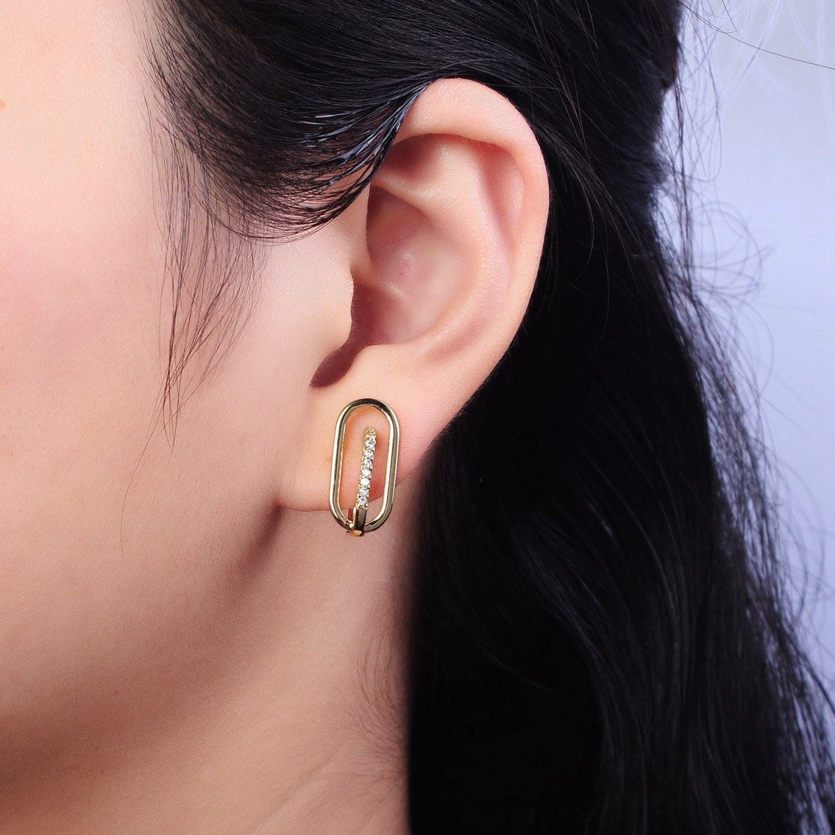 Gold Oblong Clear Micro Paved CZ Lined English Lock Earrings | AB235 - DLUXCA