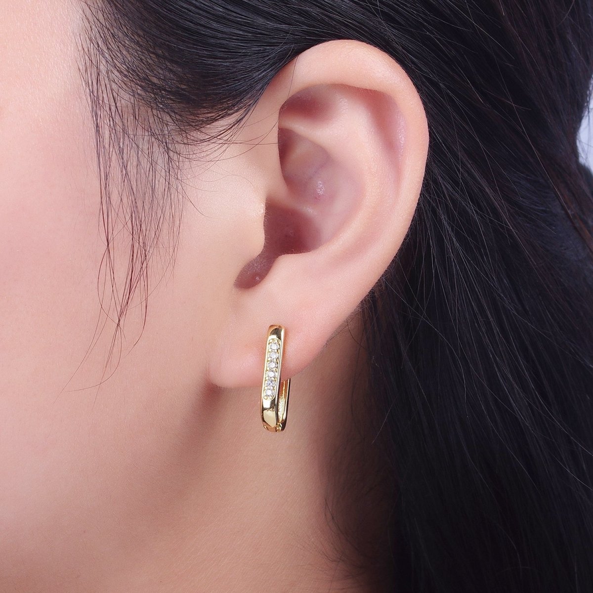 Gold Oblong U Shaped Micro Paved CZ Huggie Hoop Earrings | Y-154 - DLUXCA