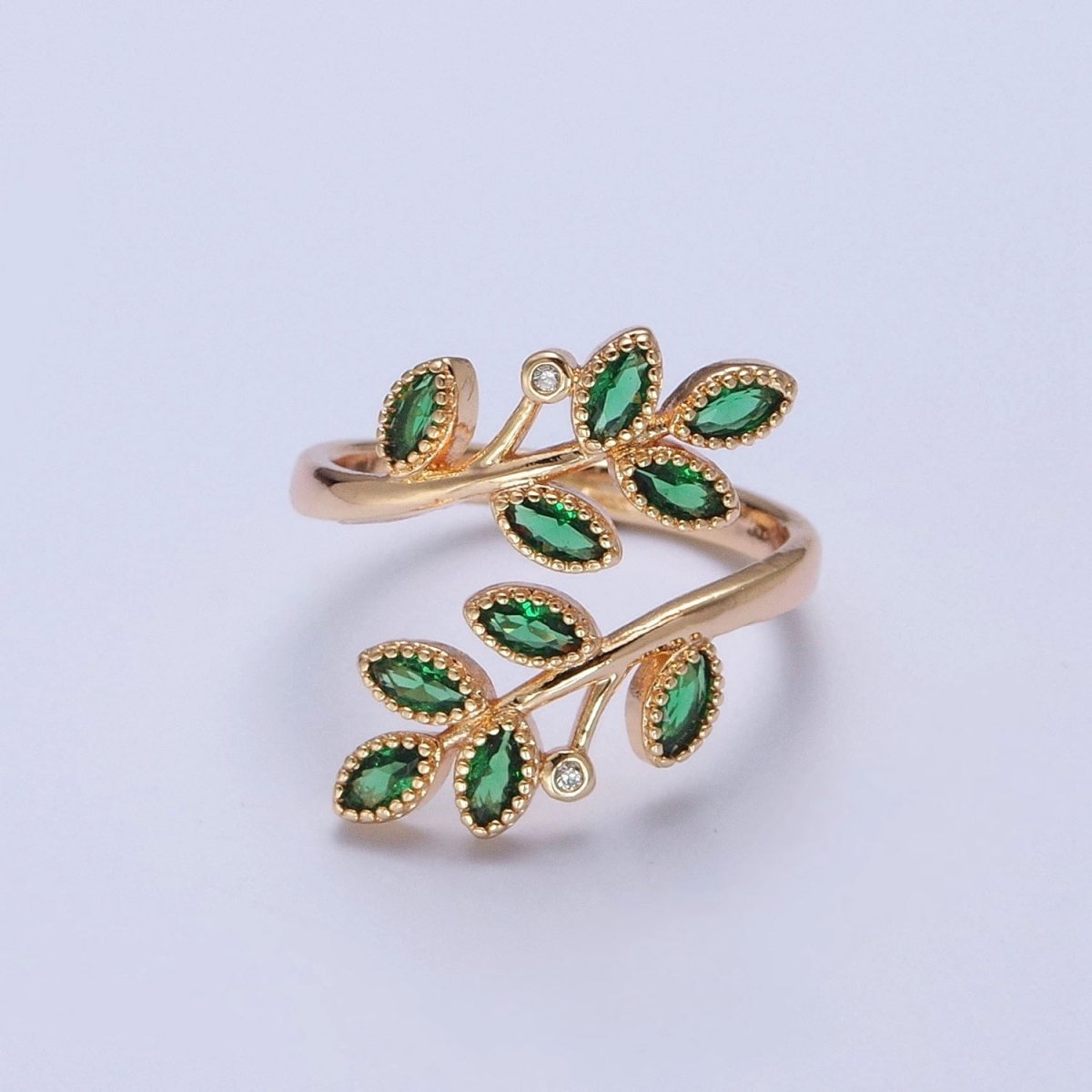 Gold Olive Leaf Ring Green Pave Olive Leaf Ring Adjustable Ring O-2210 - DLUXCA