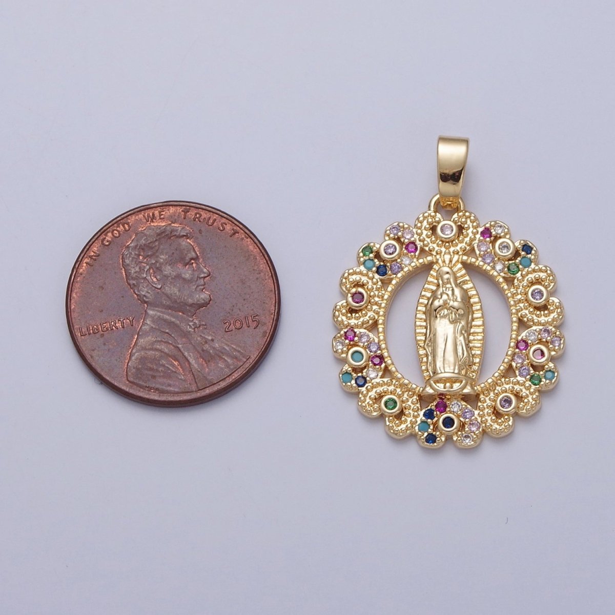 Gold Our Lady of Guadalupe Clear, Rainbow Cubic Zirconia Detailed Medallion Pendant | X-320 X-321 - DLUXCA
