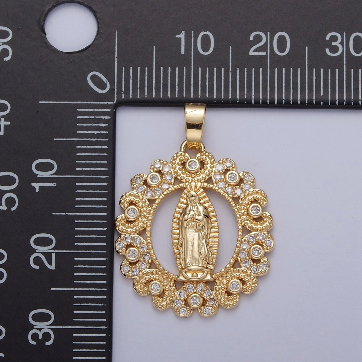 Gold Our Lady of Guadalupe Clear, Rainbow Cubic Zirconia Detailed Medallion Pendant | X-320 X-321 - DLUXCA