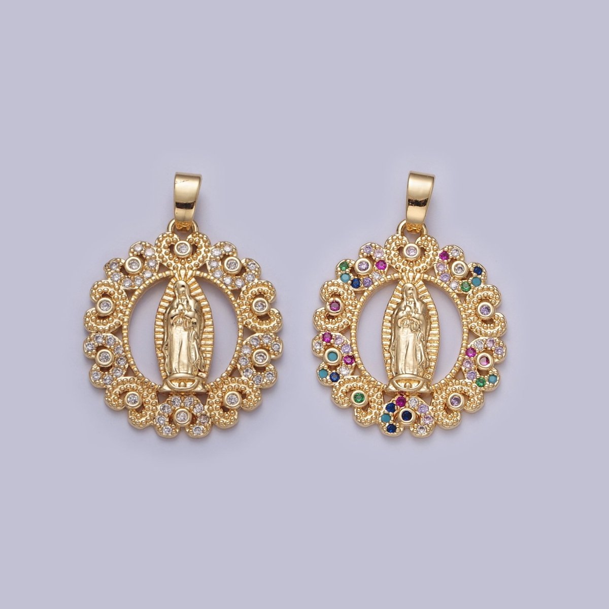 Gold Our Lady of Guadalupe Clear, Rainbow Cubic Zirconia Detailed Medallion Pendant | X-320 X-321 - DLUXCA