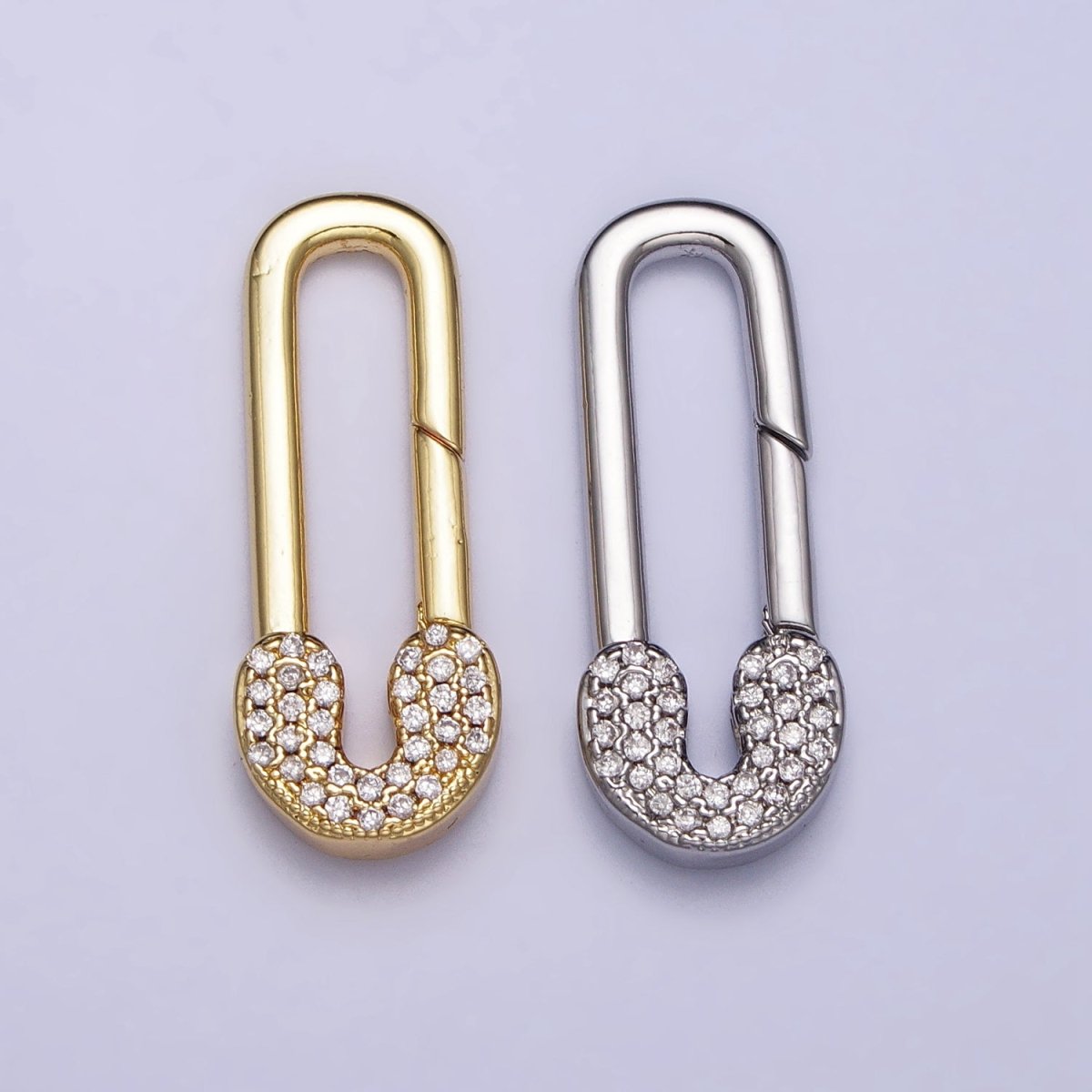 Gold Oval Clasp, Silver Hinged Clasp, Oval Push Clasp Spring Gate Clasp with Micro Pave Safety Pin Clasp Enhancer Z-031 - DLUXCA