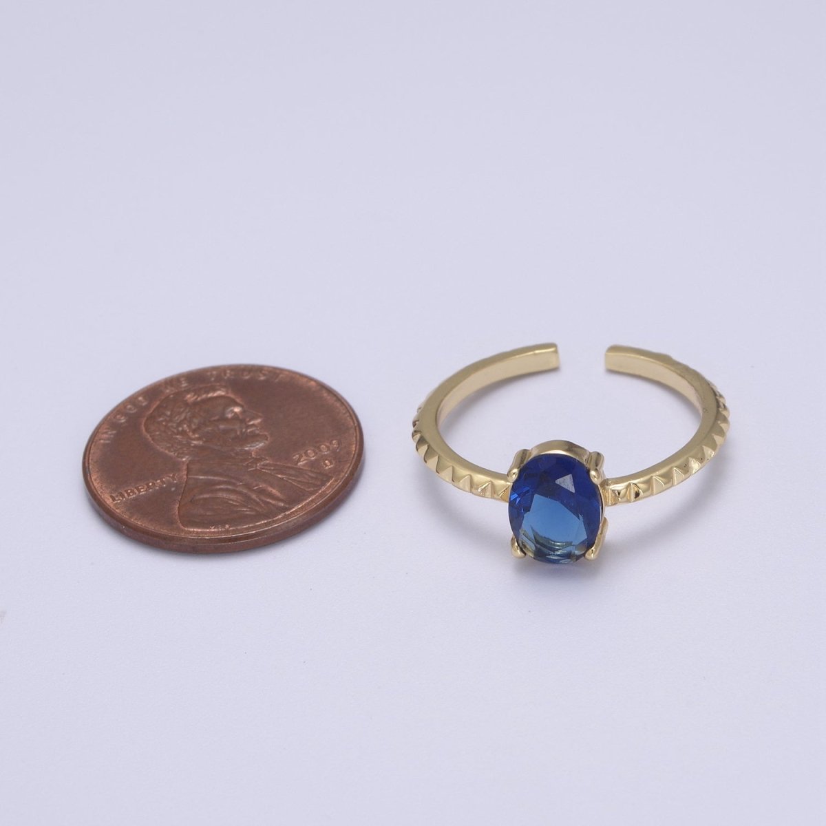 Gold Oval Cut Blue Pink Green Clear Aqua CZ Dainty Cocktail Ring Open Adjustable U-249~U-253 - DLUXCA