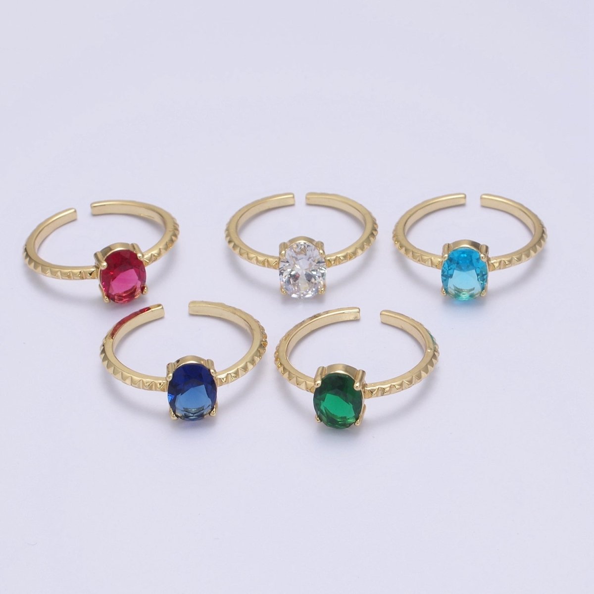 Gold Oval Cut Blue Pink Green Clear Aqua CZ Dainty Cocktail Ring Open Adjustable U-249~U-253 - DLUXCA