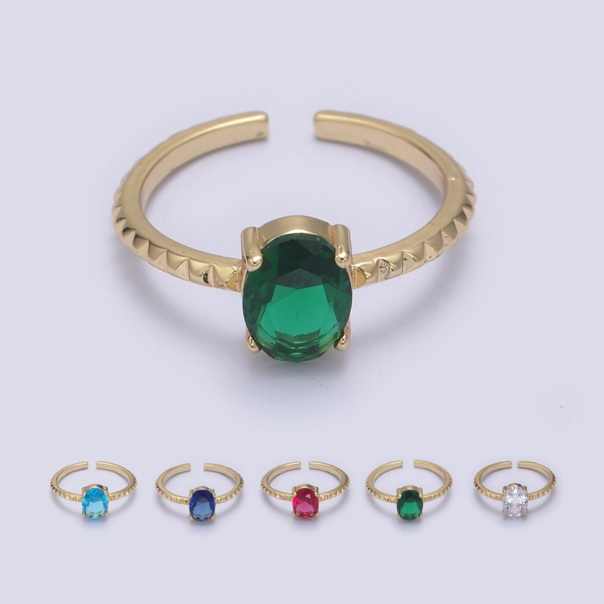 Gold Oval Cut Blue Pink Green Clear Aqua CZ Dainty Cocktail Ring Open Adjustable U-249~U-253 - DLUXCA