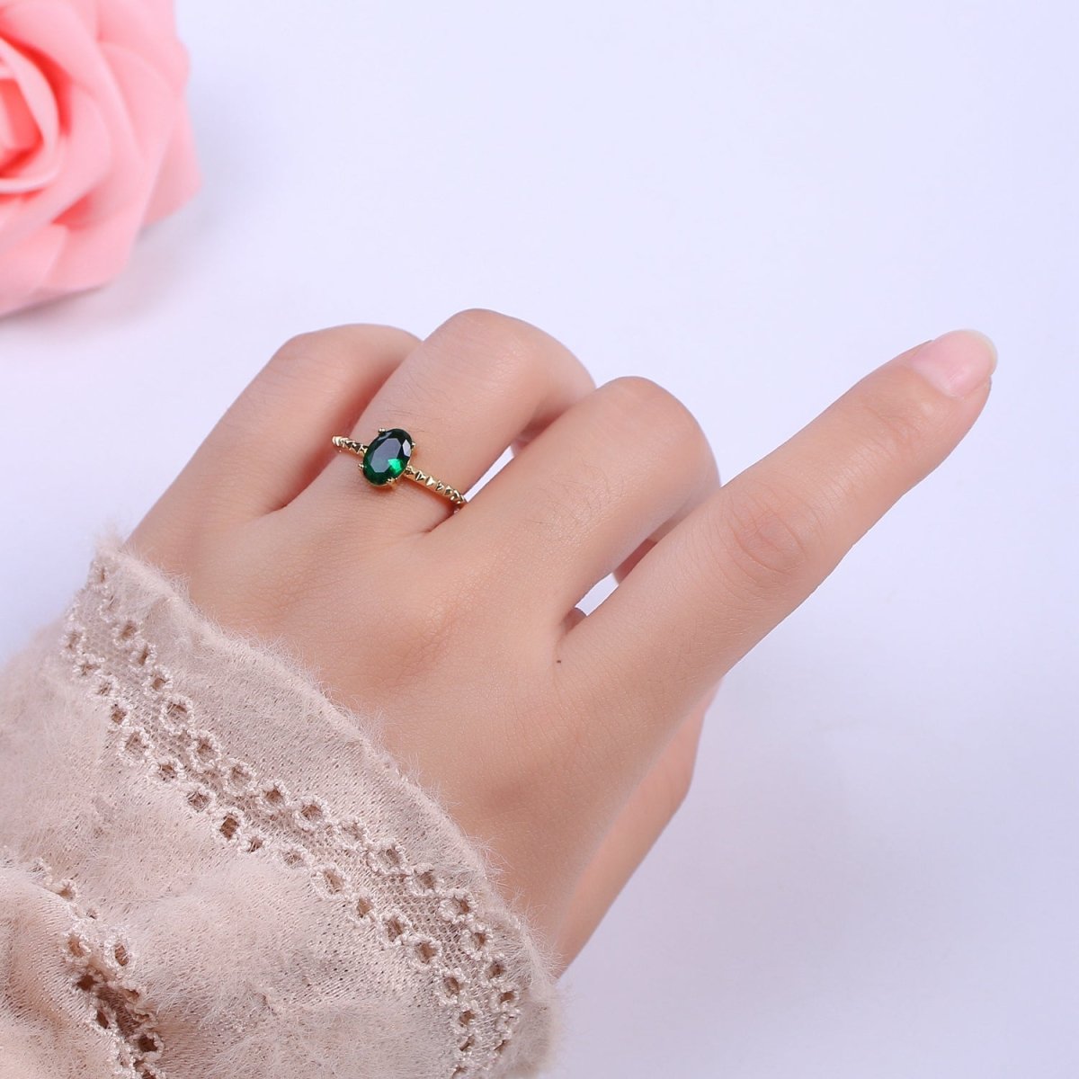 Gold Oval Cut Blue Pink Green Clear Aqua CZ Dainty Cocktail Ring Open Adjustable U-249~U-253 - DLUXCA
