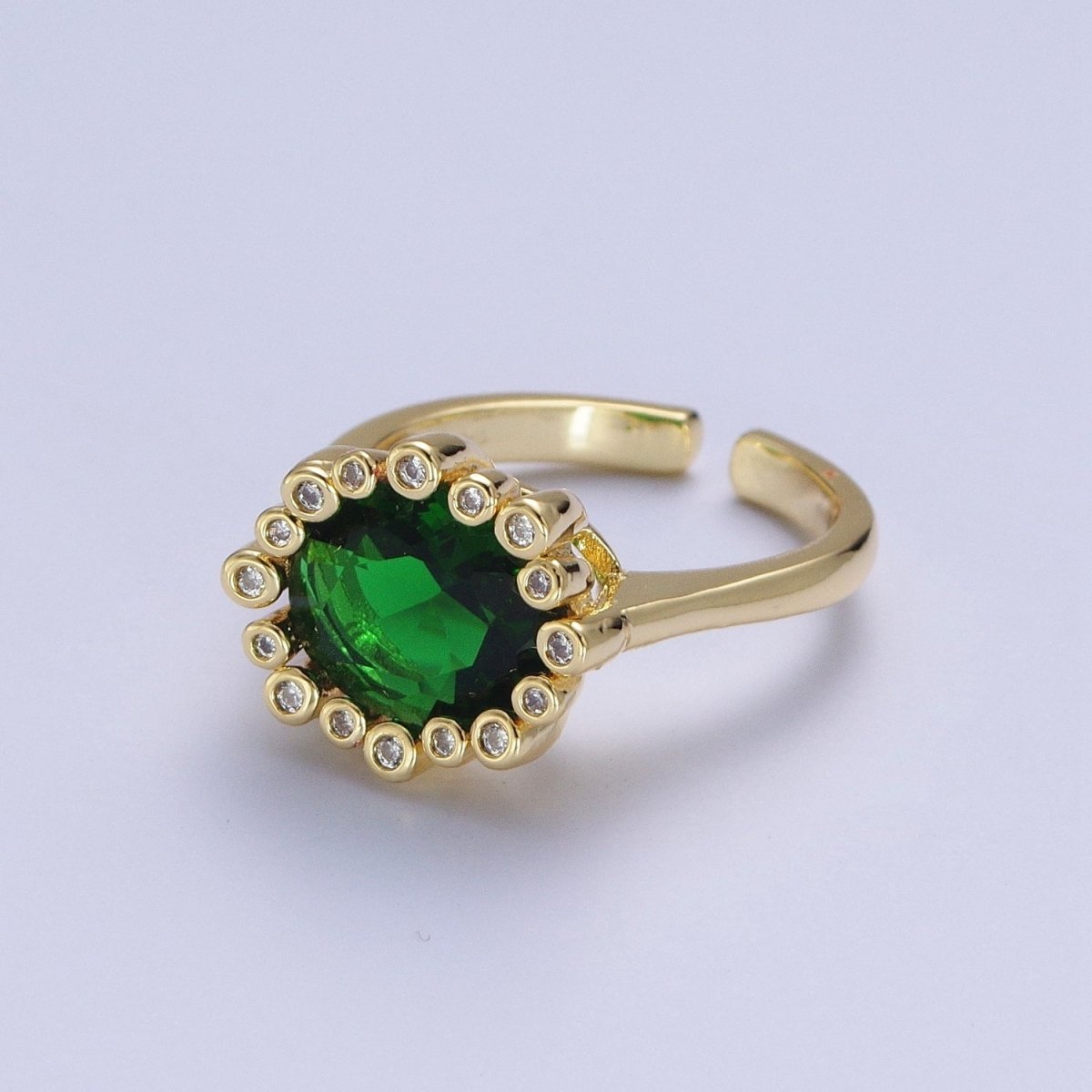 Gold Oval Emerald Green & Round Clear Cubic Zirconia Adjustable Ring R-004 - DLUXCA