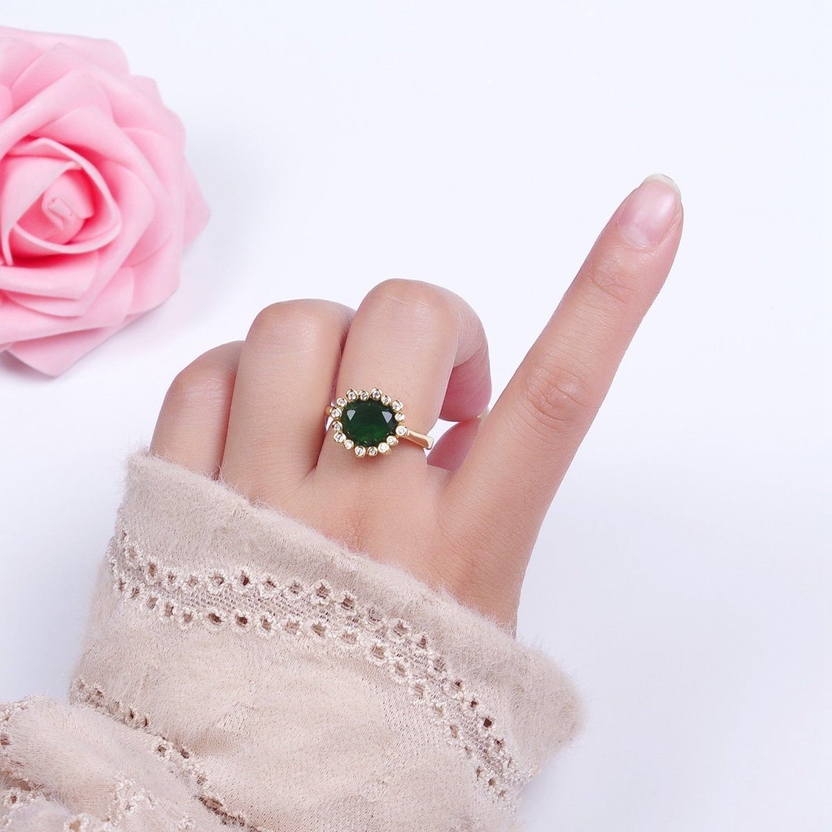 Gold Oval Emerald Green & Round Clear Cubic Zirconia Adjustable Ring R-004 - DLUXCA