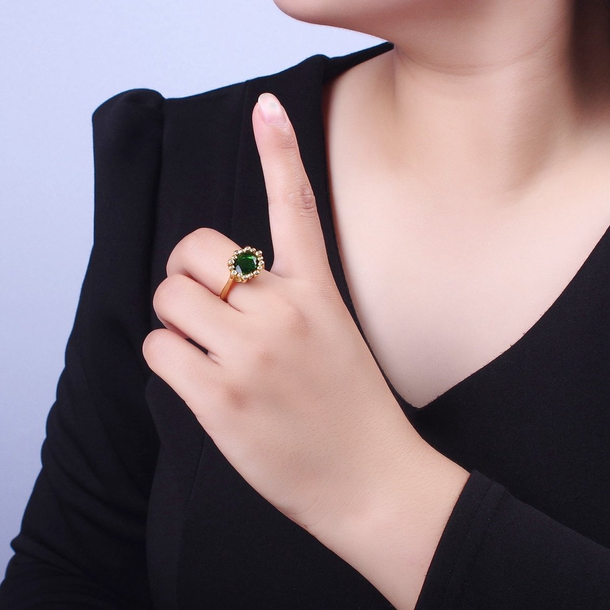 Gold Oval Emerald Green & Round Clear Cubic Zirconia Adjustable Ring R-004 - DLUXCA