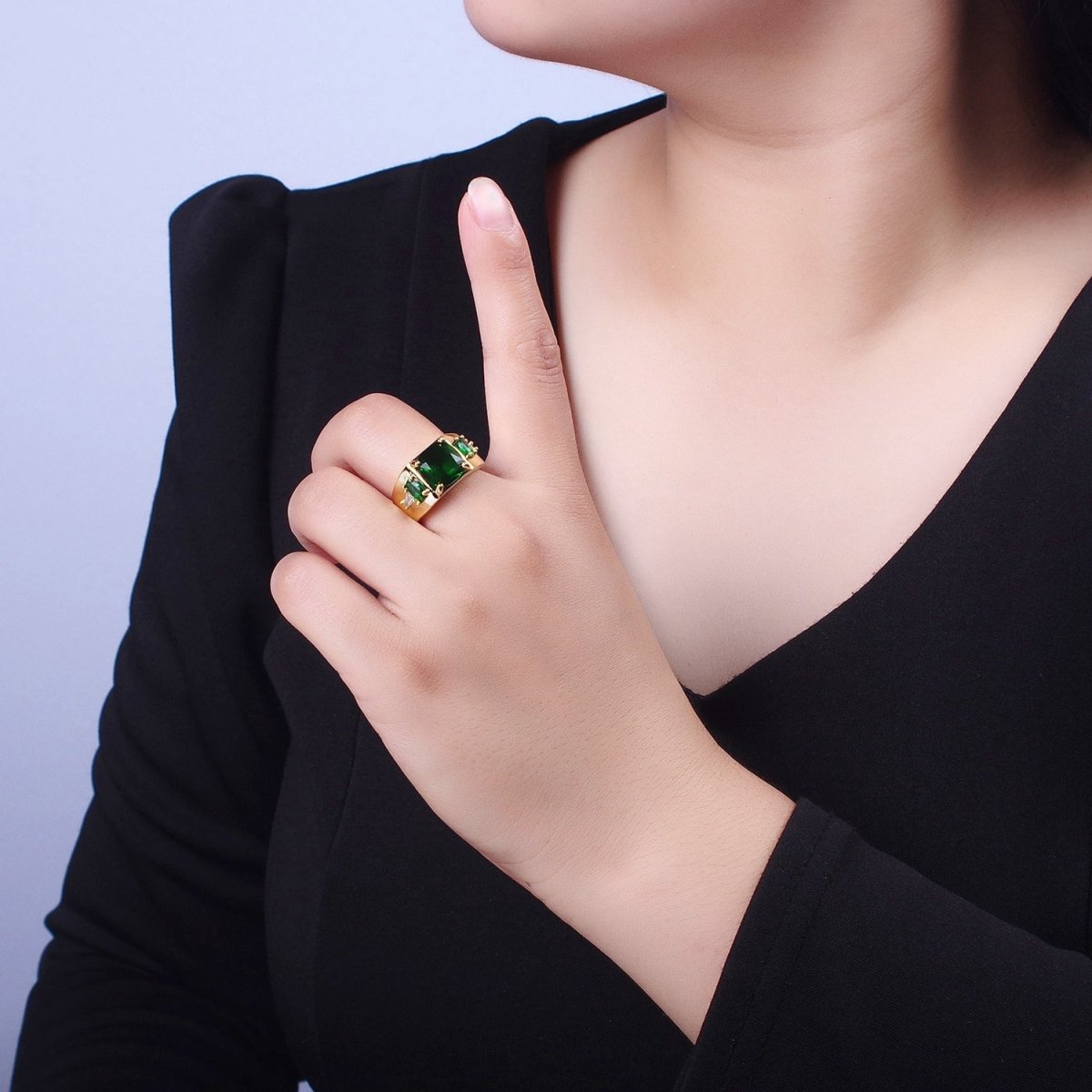 Gold Oval Emerald Green & White Baguette Cubic Zirconia Wide Band Statement Ring R-002 - DLUXCA