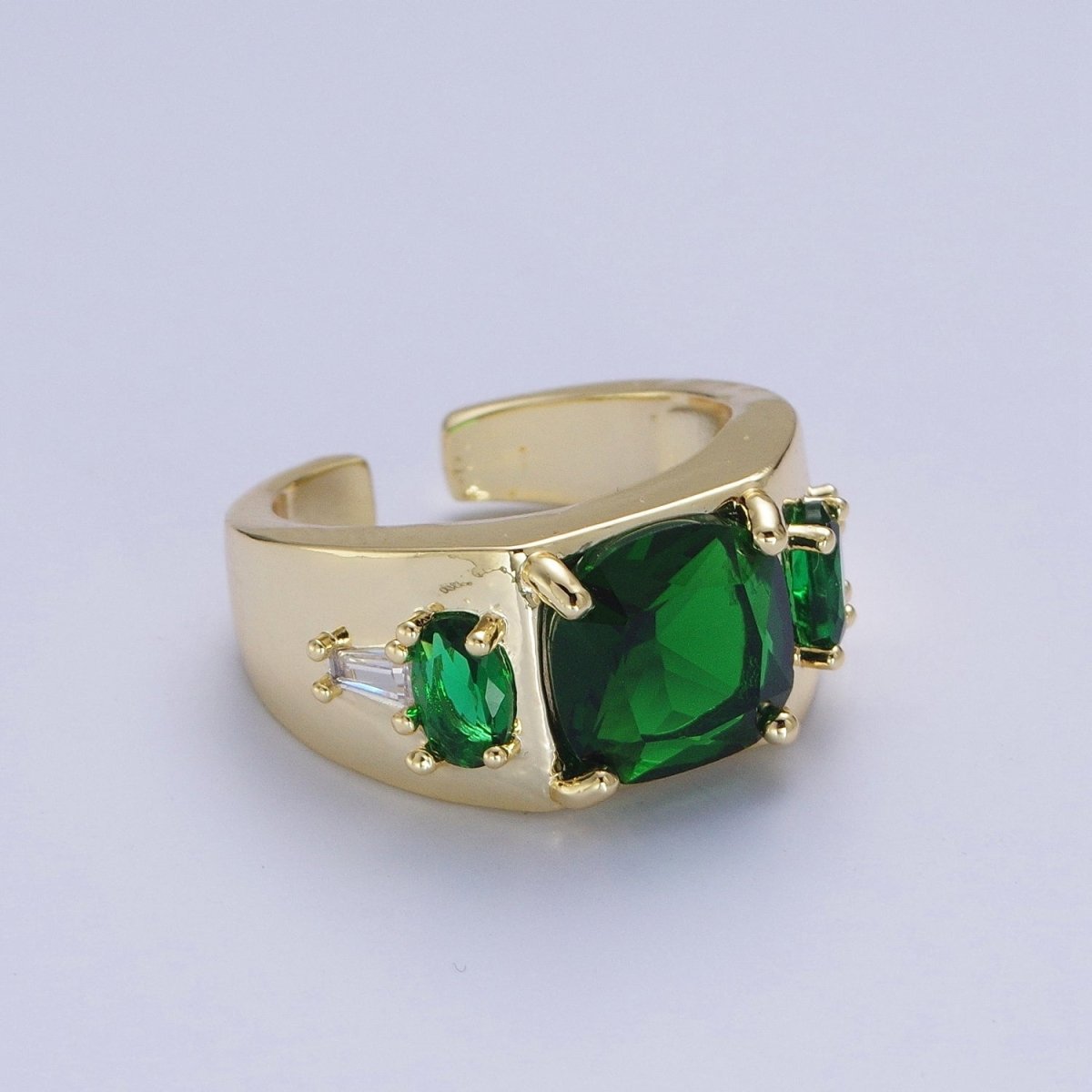 Gold Oval Emerald Green & White Baguette Cubic Zirconia Wide Band Statement Ring R-002 - DLUXCA