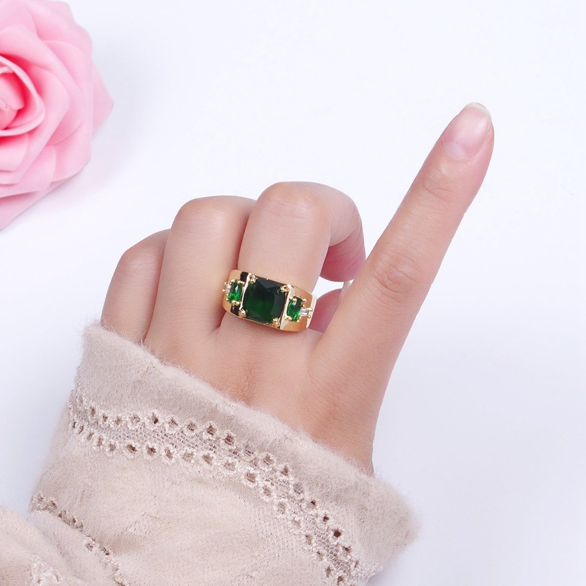 Gold Oval Emerald Green & White Baguette Cubic Zirconia Wide Band Statement Ring R-002 - DLUXCA