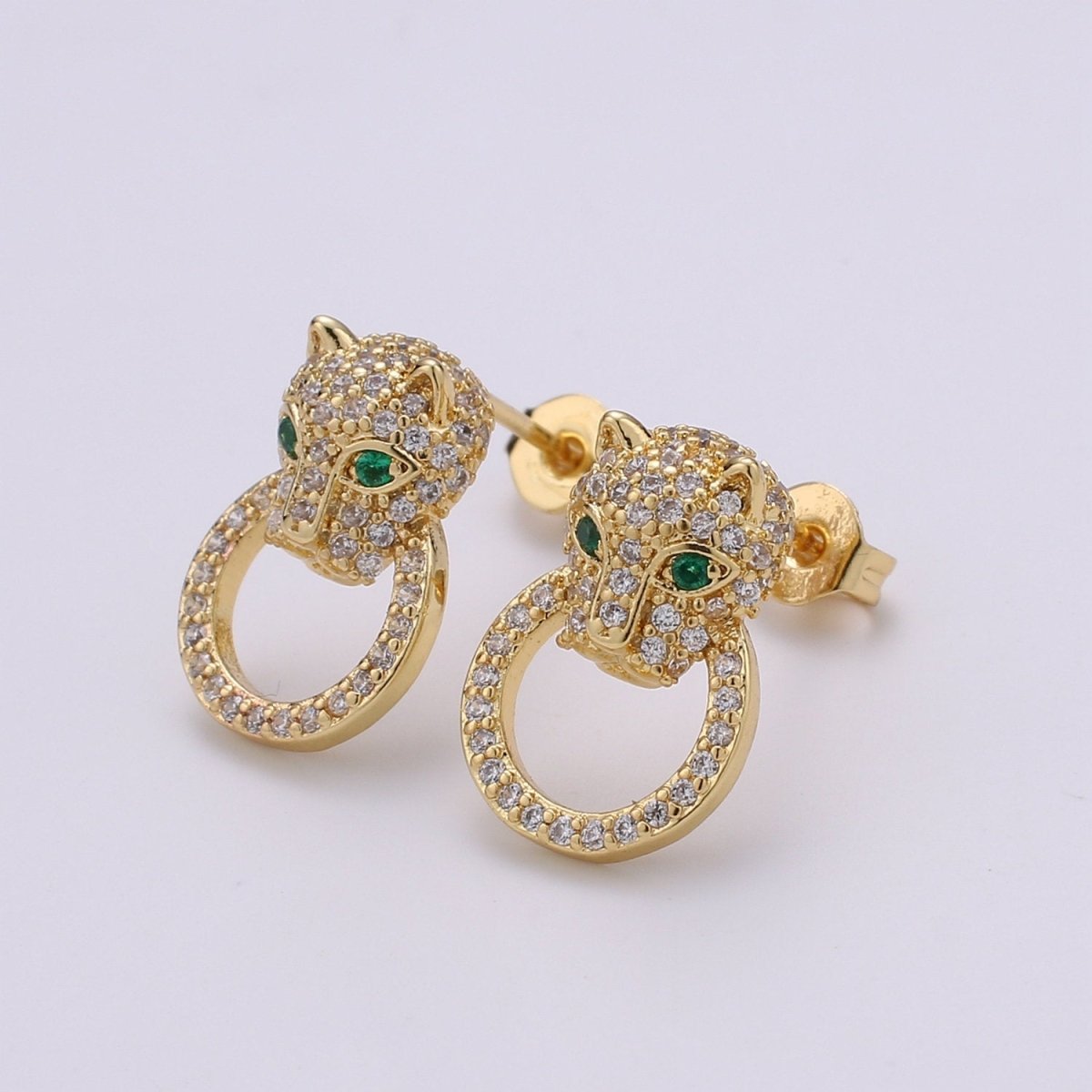 Gold Panther Earring CZ Micro Pave Stud Earring Dainty Leopard Earrings, Animal Cat Earrings, Jaguar Earrings, Panther Stud Earrings Q-297 - DLUXCA