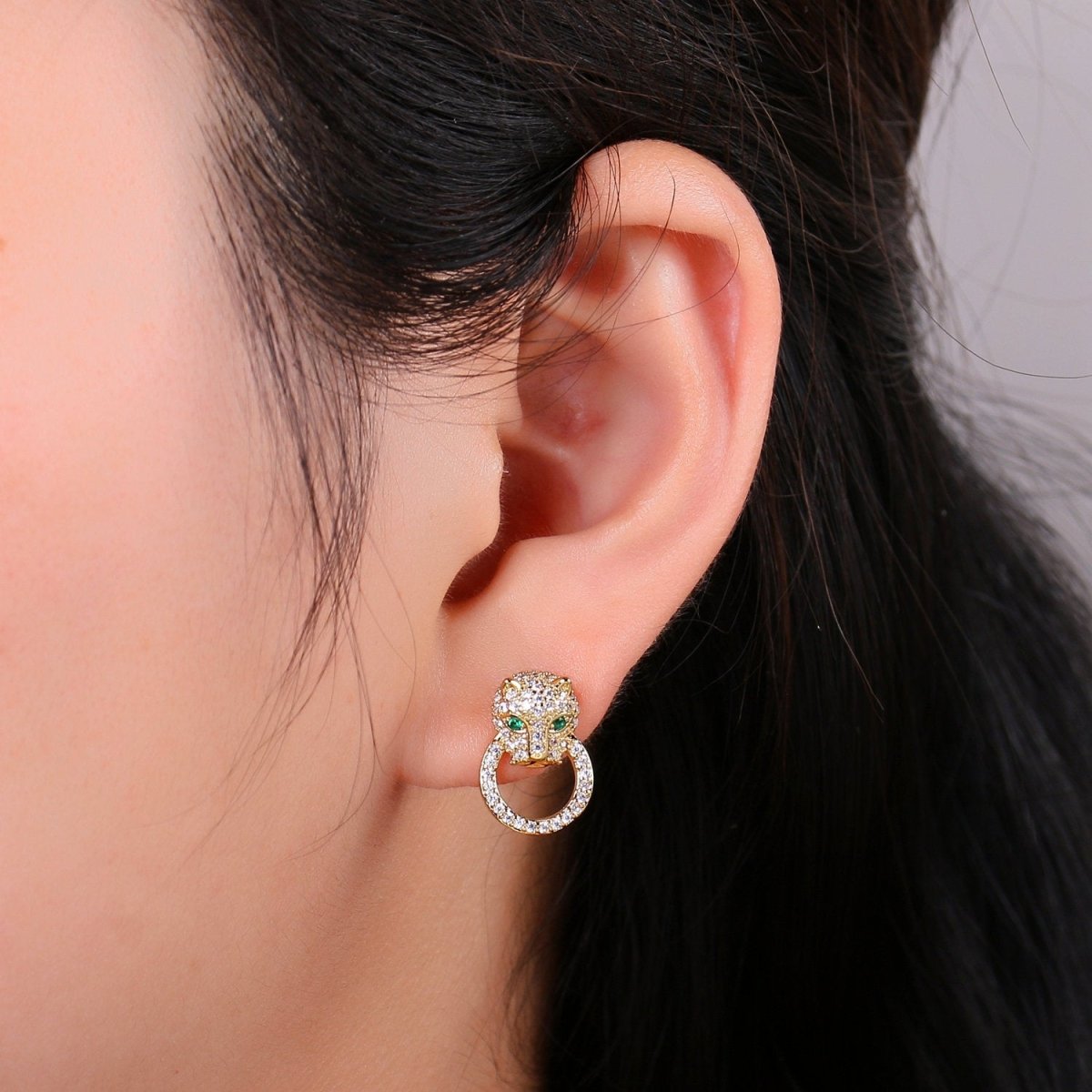 Gold Panther Earring CZ Micro Pave Stud Earring Dainty Leopard Earrings, Animal Cat Earrings, Jaguar Earrings, Panther Stud Earrings Q-297 - DLUXCA