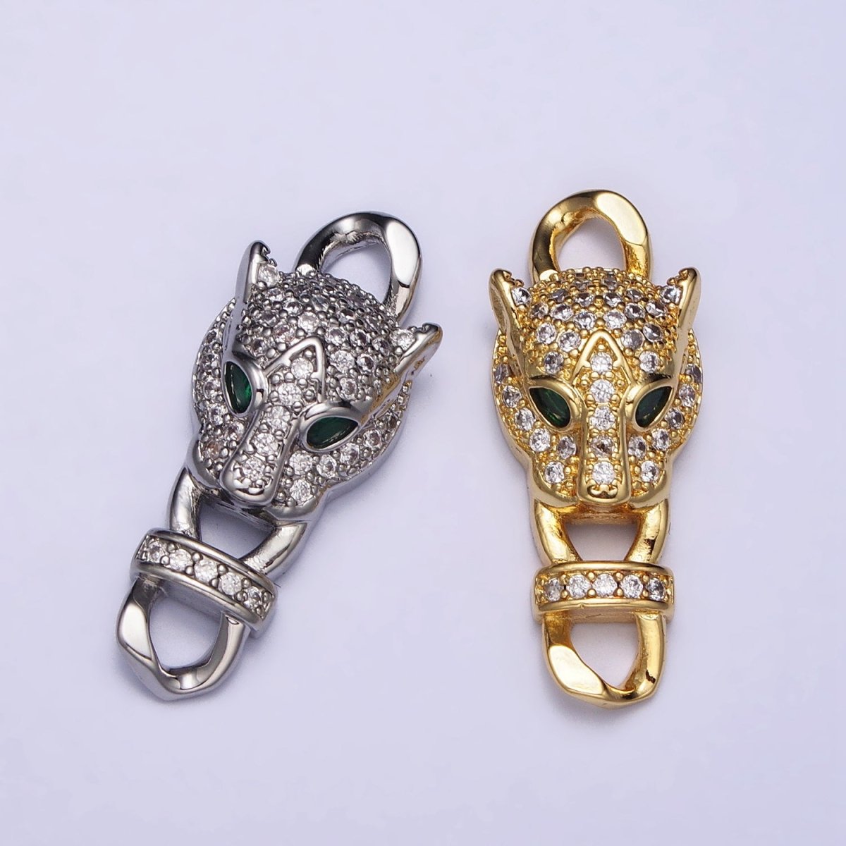 Gold Panther Head CZ Micro Pave Clasp, Silver Leopard Bracelet Clasp, Cubic Zirconia AA1011 AA1012 - DLUXCA