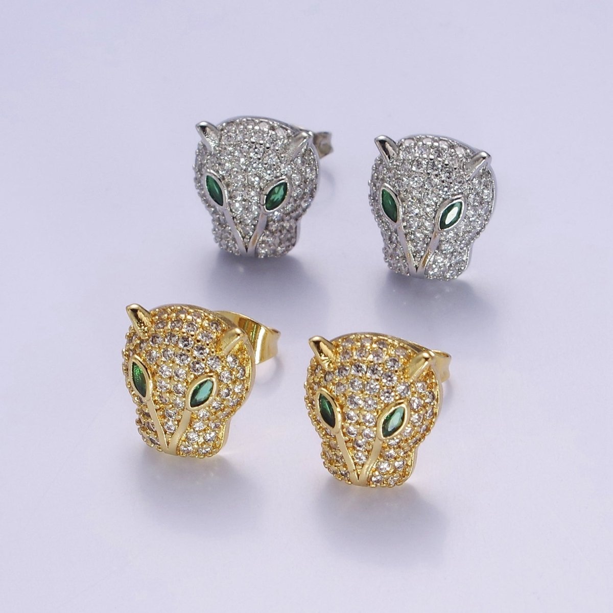 Gold Pave Crystal Leopard Head Ear Stud Earring T-415 T-416 - DLUXCA