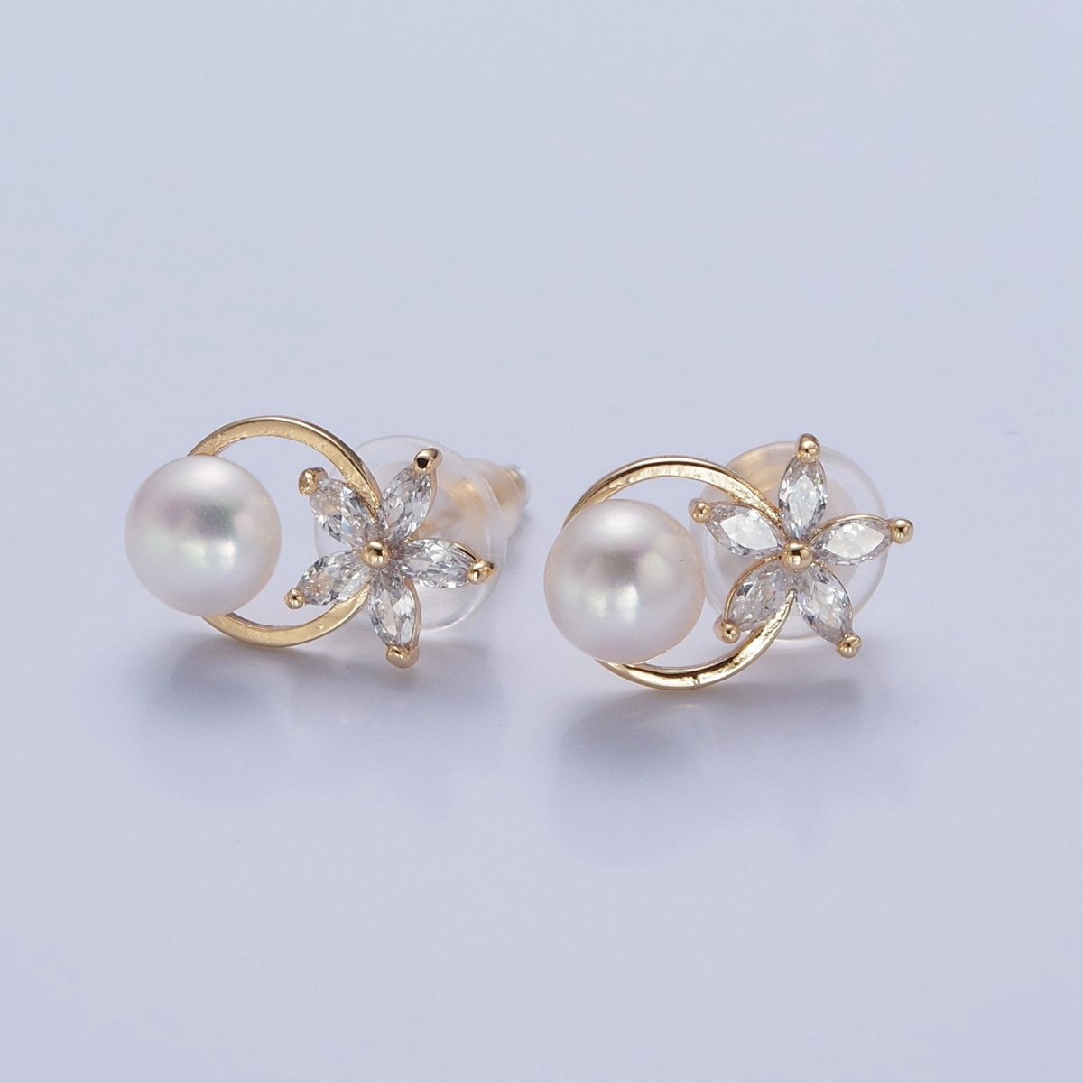 Gold Pave CZ Flower Stud Earring with Pearl for Wedding Jewelry V-371 - DLUXCA