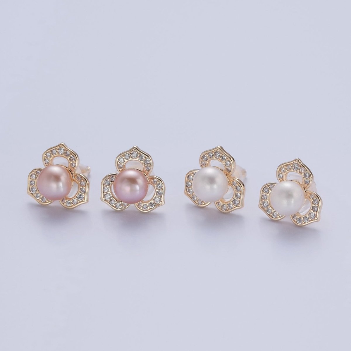 Gold Pave Pearl Lotus Stud Earring V-378 V-386 - DLUXCA