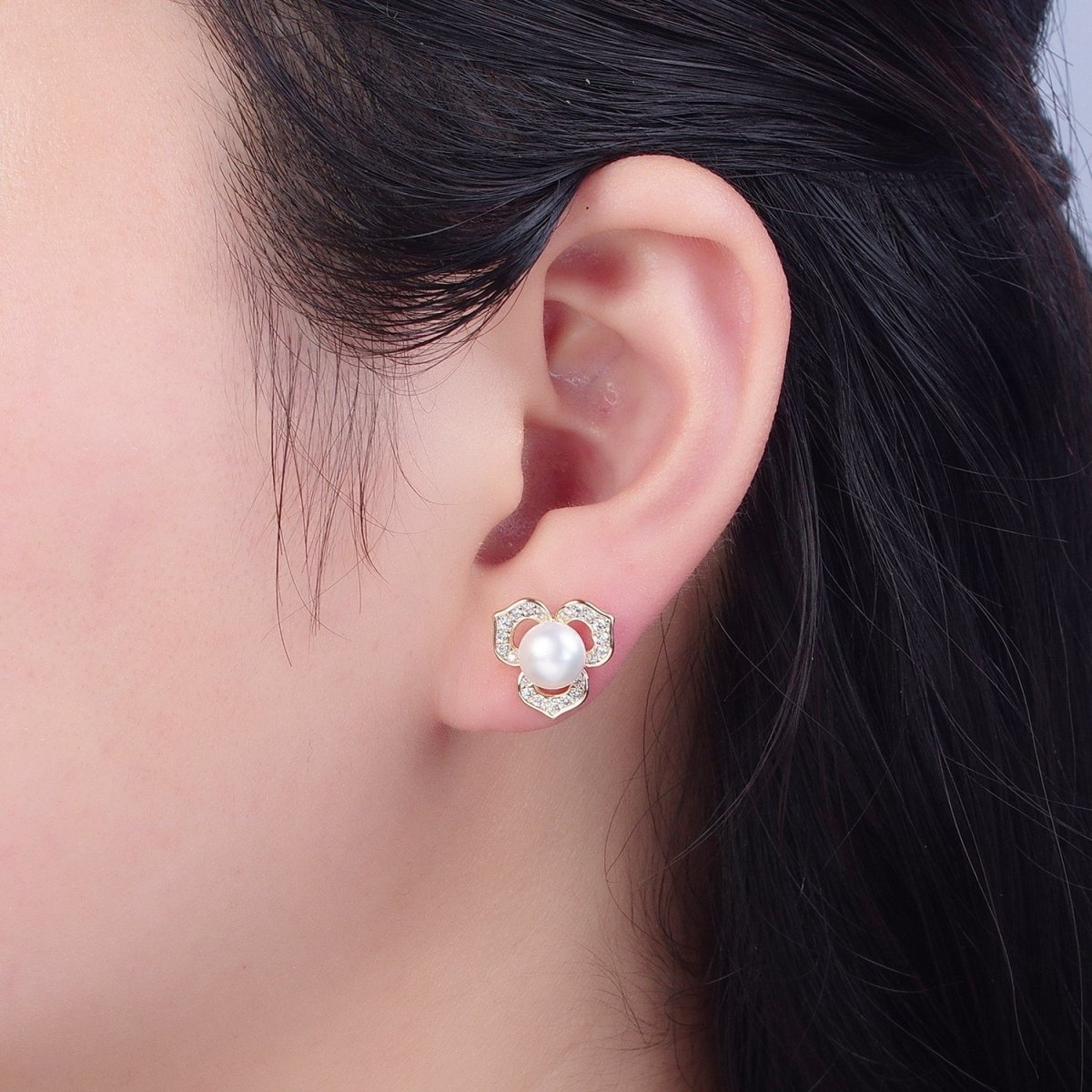 Gold Pave Pearl Lotus Stud Earring V-378 V-386 - DLUXCA
