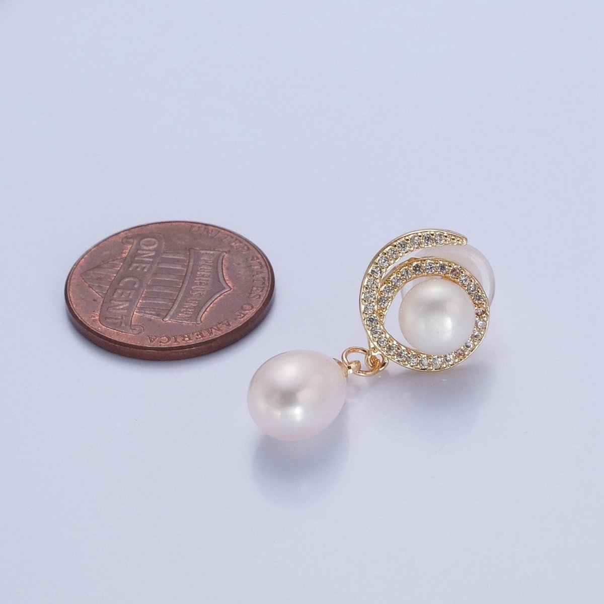 Gold Pave Round Stud Earring with Dangle Pearl for Wedding Jewelry V-373 - DLUXCA