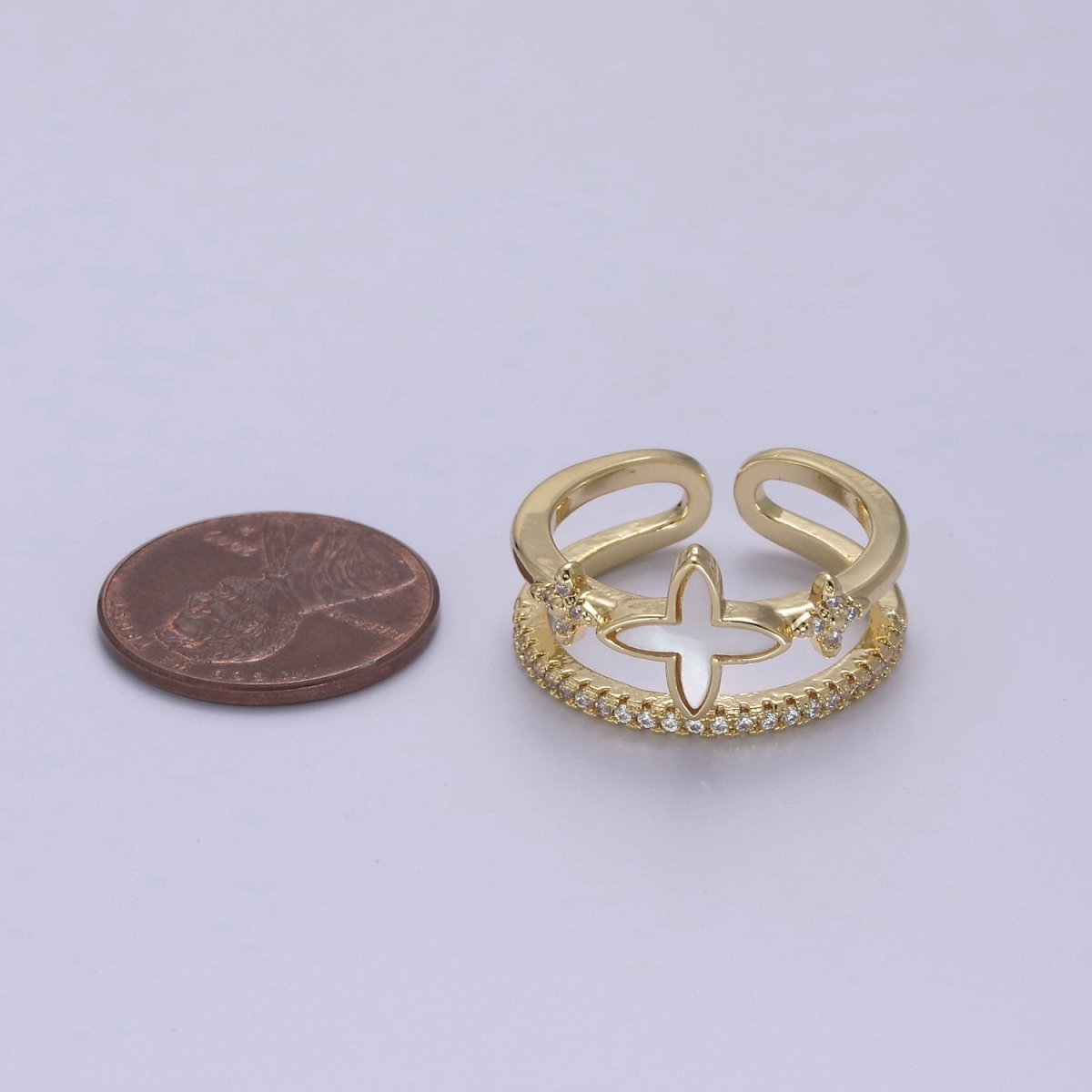 Gold Pearl Clover ring, Cubic Adjustable CZ Double Band ring, Dainty Gold minimalist jewelry Open Adjustable Ring U-481 - DLUXCA