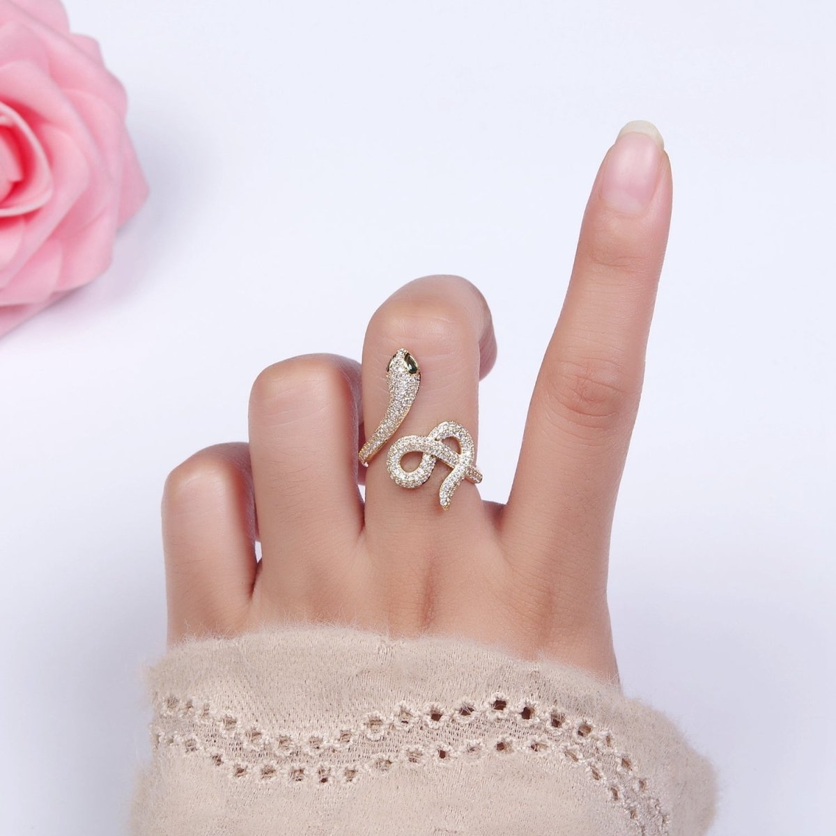 Gold Plated Green Eyed CZ Micro Paved Snake Serpent Ring | O1189 - DLUXCA