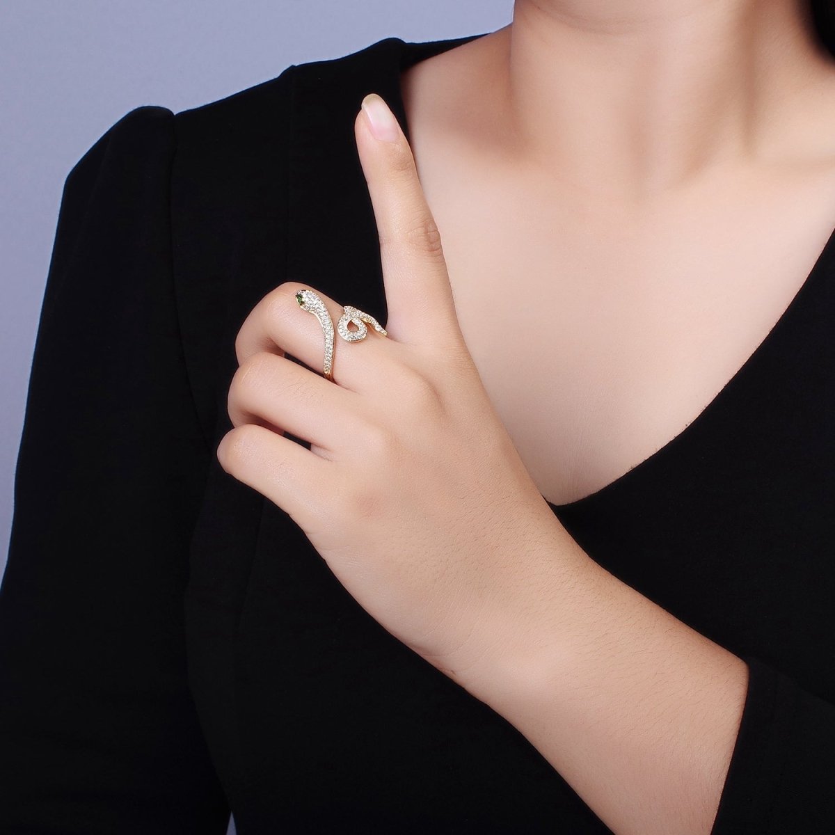Gold Plated Green Eyed CZ Micro Paved Snake Serpent Ring | O1189 - DLUXCA