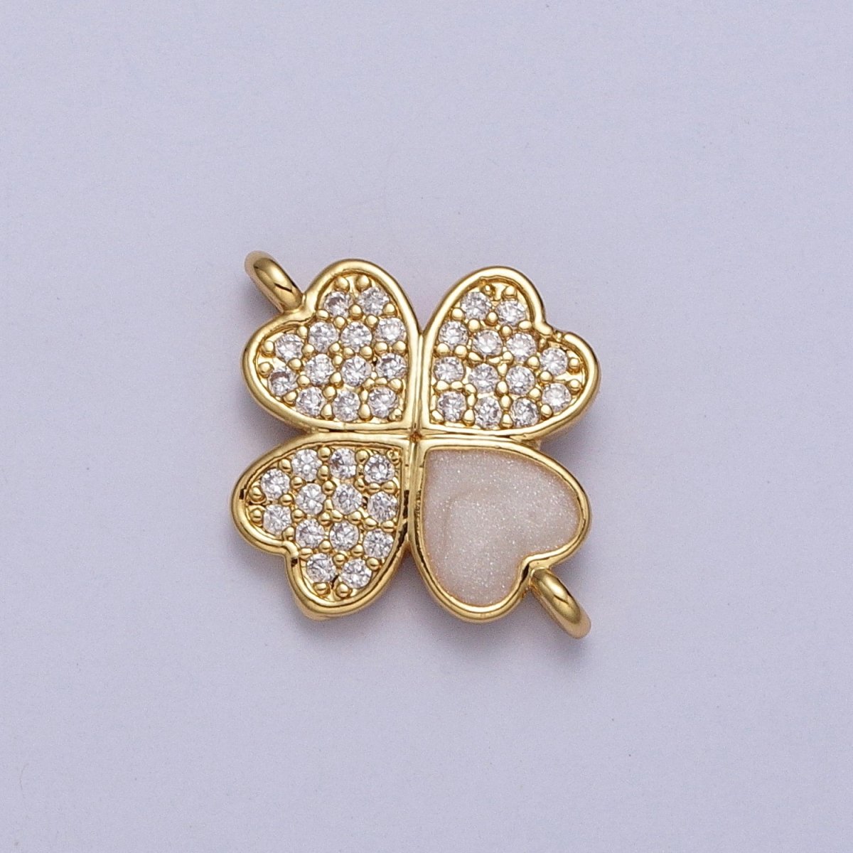 Gold Quatrefoil Clover Clear Micro Paved CZ White Enamel Connector | Y-665 - DLUXCA