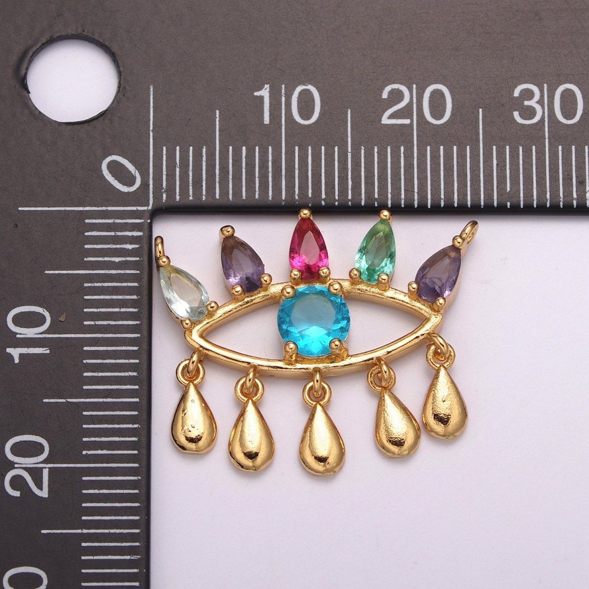 Gold Rainbow Cz Evil Eye Connector with Cubic Zirconia Link Connector Necklace Component F-738 - DLUXCA