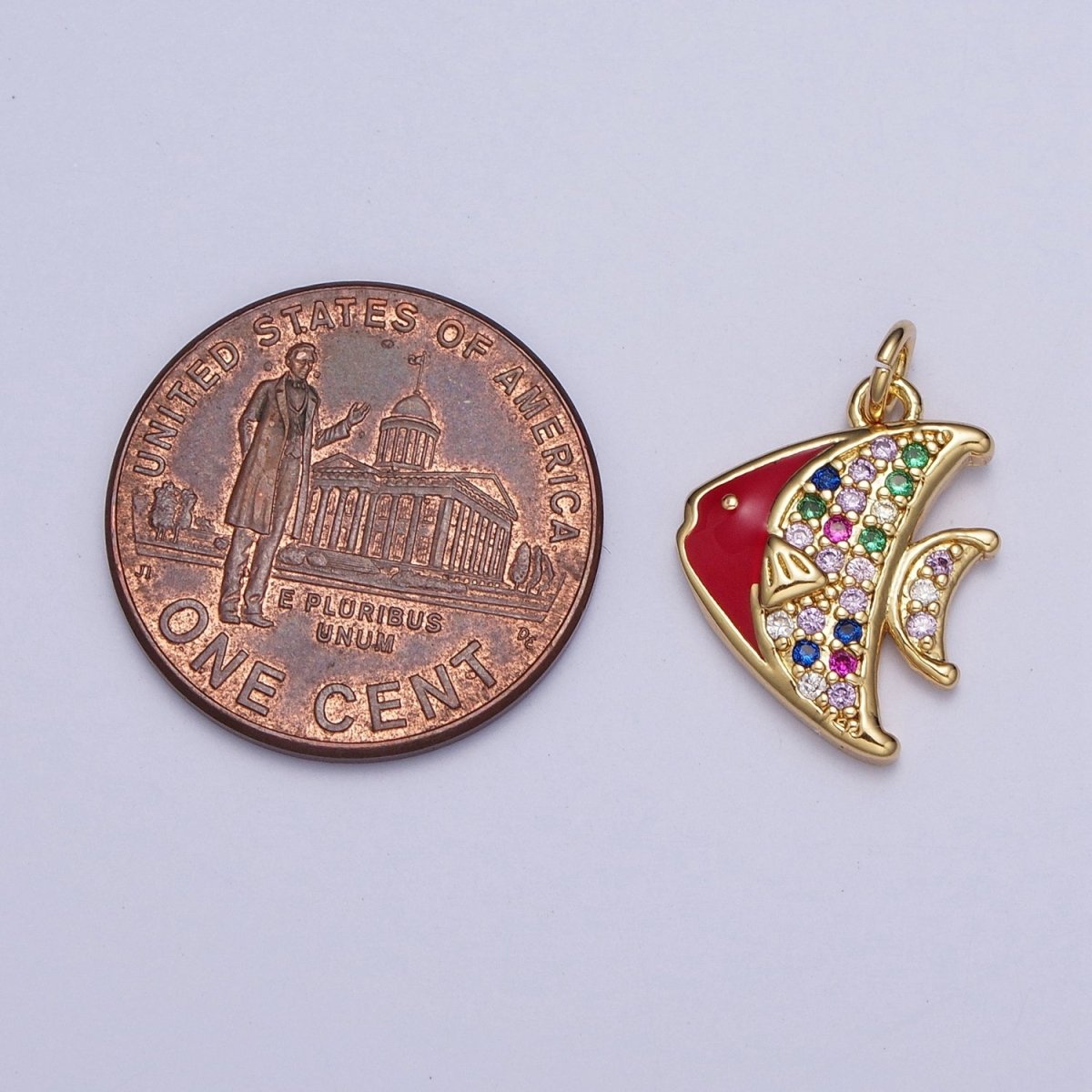 Gold Rainbow Spadefish Charm, Multicolor CZ Red Enamel Fish Sea Wildlife Charm For Jewelry Making AG-120 - DLUXCA