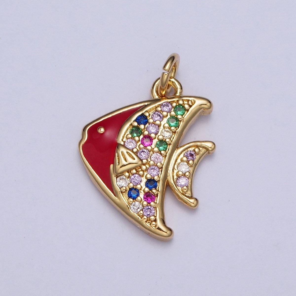 Gold Rainbow Spadefish Charm, Multicolor CZ Red Enamel Fish Sea Wildlife Charm For Jewelry Making AG-120 - DLUXCA