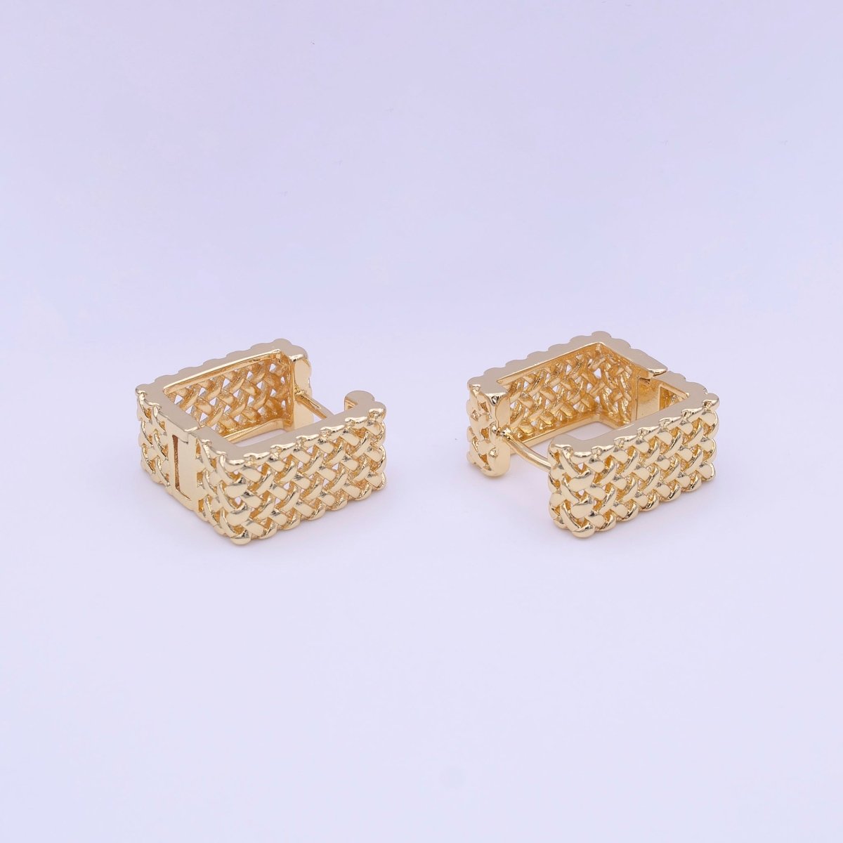 Gold Rattan Textured Geometric Boxy Huggie Earrings | Y-221 - DLUXCA