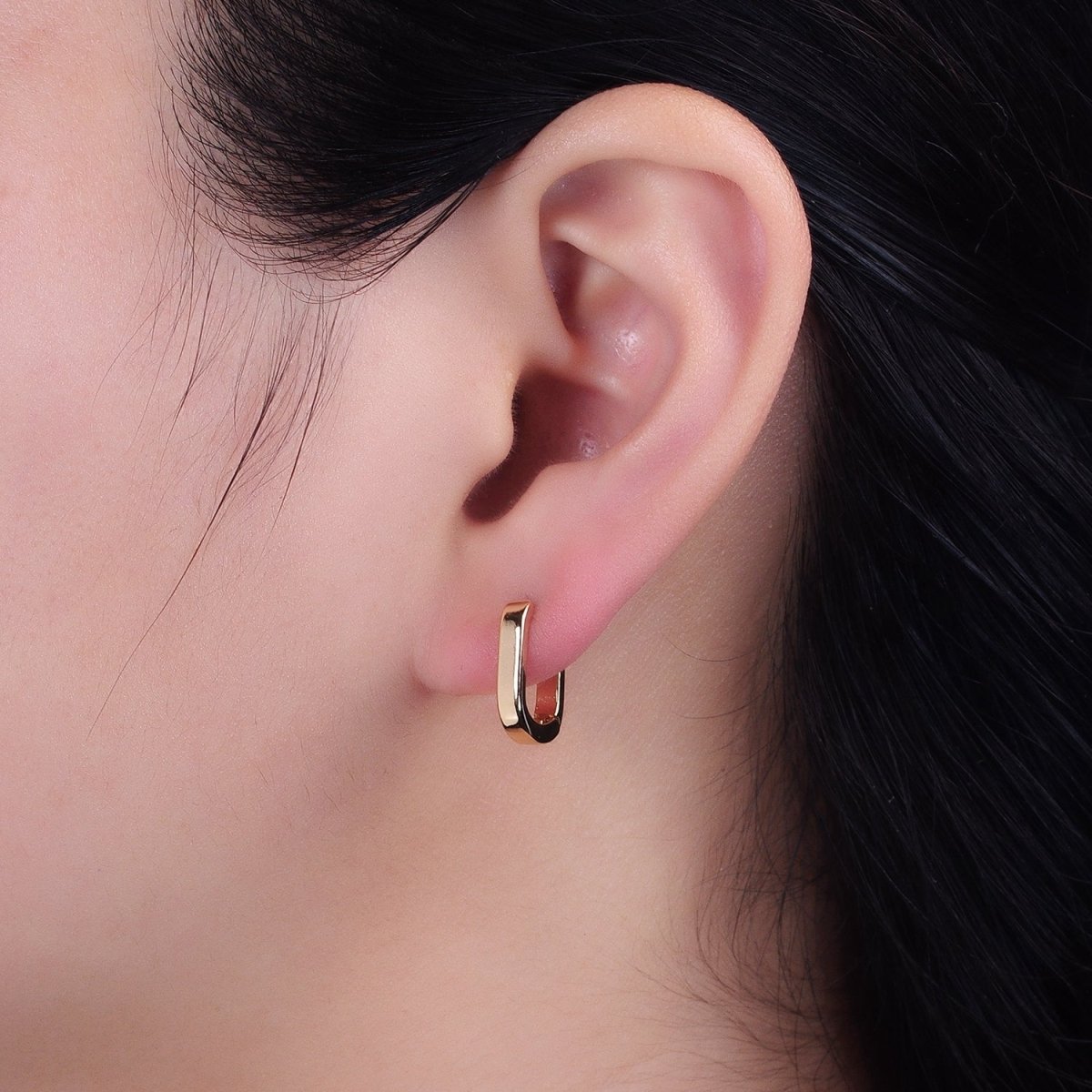 Gold Rectangular Oblong U-Shaped Huggie Earrings | AB946 - DLUXCA