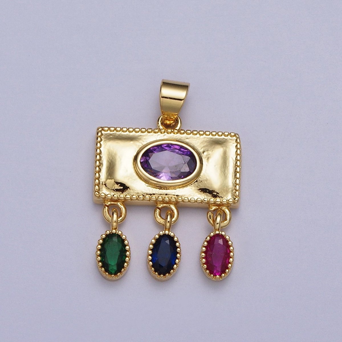 Gold Rectangular Purple Oval Multicolor CZ Dangle Pendant | AA009 - DLUXCA