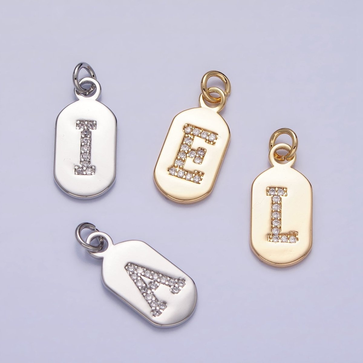 Gold Rectangular tag CZ Clear Micro Paved Personalized Initial Alphabet Name Tag Charm | AD027 - AD052 - DLUXCA