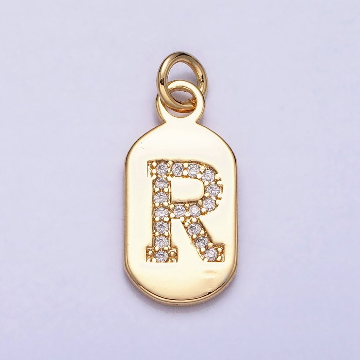 Gold Rectangular tag CZ Clear Micro Paved Personalized Initial Alphabet Name Tag Charm | AD027 - AD052 - DLUXCA