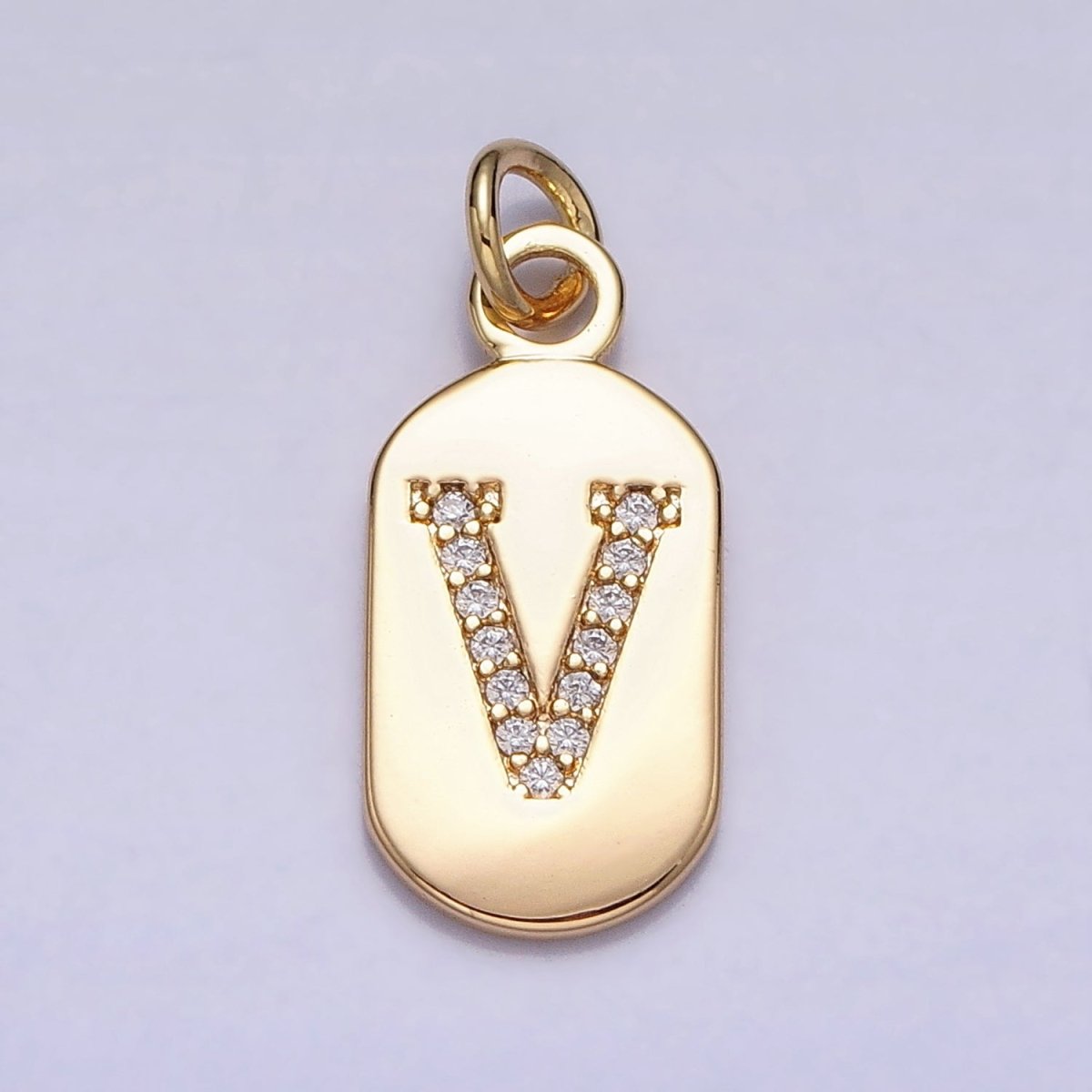 Gold Rectangular tag CZ Clear Micro Paved Personalized Initial Alphabet Name Tag Charm | AD027 - AD052 - DLUXCA