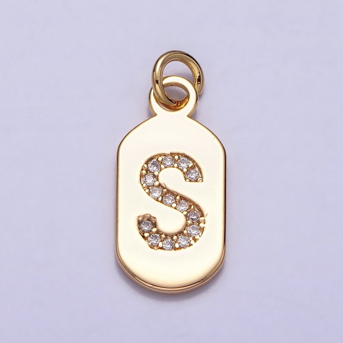 Gold Rectangular tag CZ Clear Micro Paved Personalized Initial Alphabet Name Tag Charm | AD027 - AD052 - DLUXCA