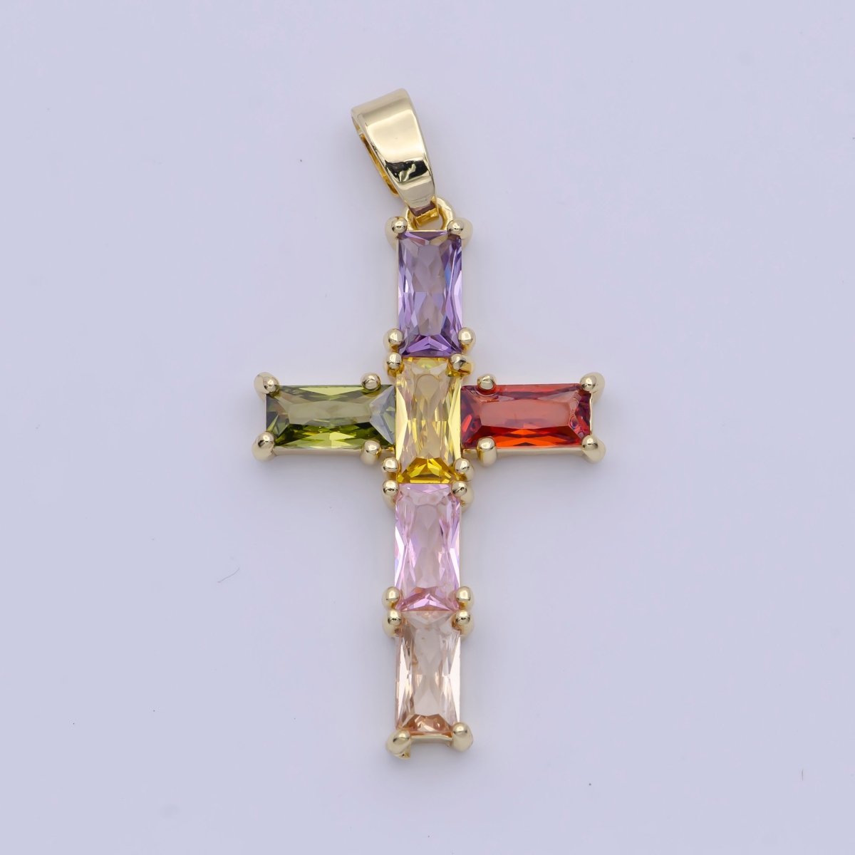 Gold Religious Cross Clear/Multicolor Baguette Cubic Zirconia Pendant | X-502 X-506 - DLUXCA
