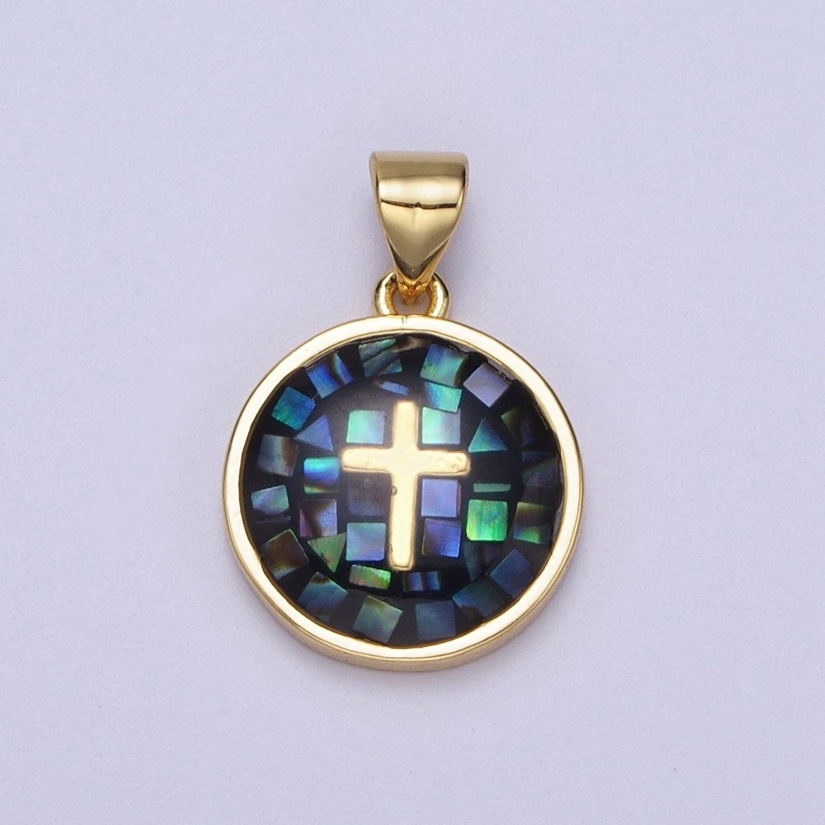 Gold Religious Cross Pink, White, Teal, Abalone, Green Shell Opal Round Pendant I-075 I-829 I-847 I-881 I-887 - DLUXCA