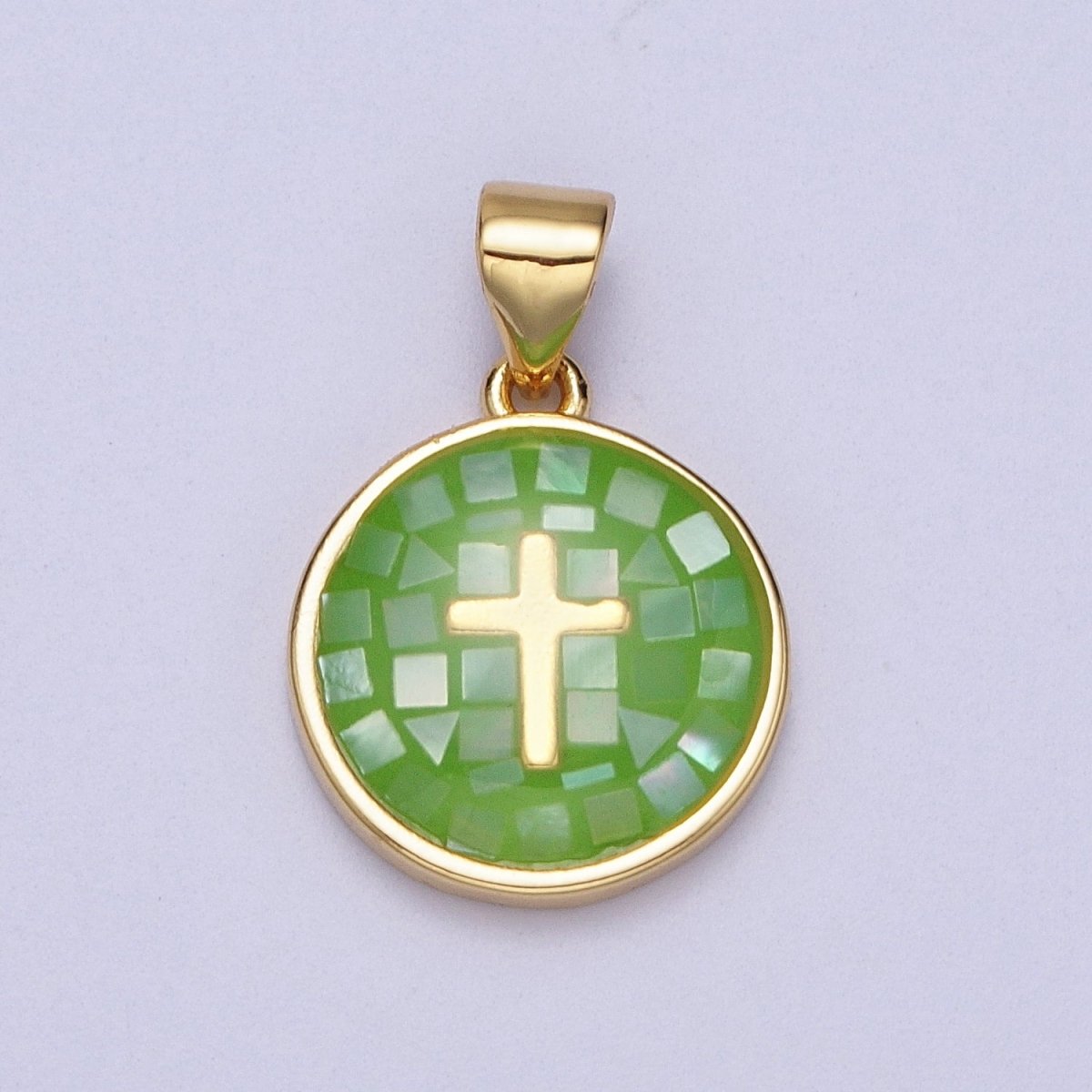 Gold Religious Cross Pink, White, Teal, Abalone, Green Shell Opal Round Pendant I-075 I-829 I-847 I-881 I-887 - DLUXCA