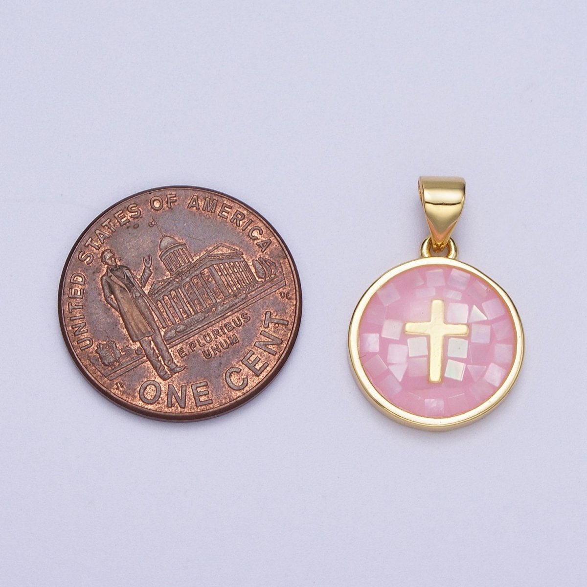 Gold Religious Cross Pink, White, Teal, Abalone, Green Shell Opal Round Pendant I-075 I-829 I-847 I-881 I-887 - DLUXCA