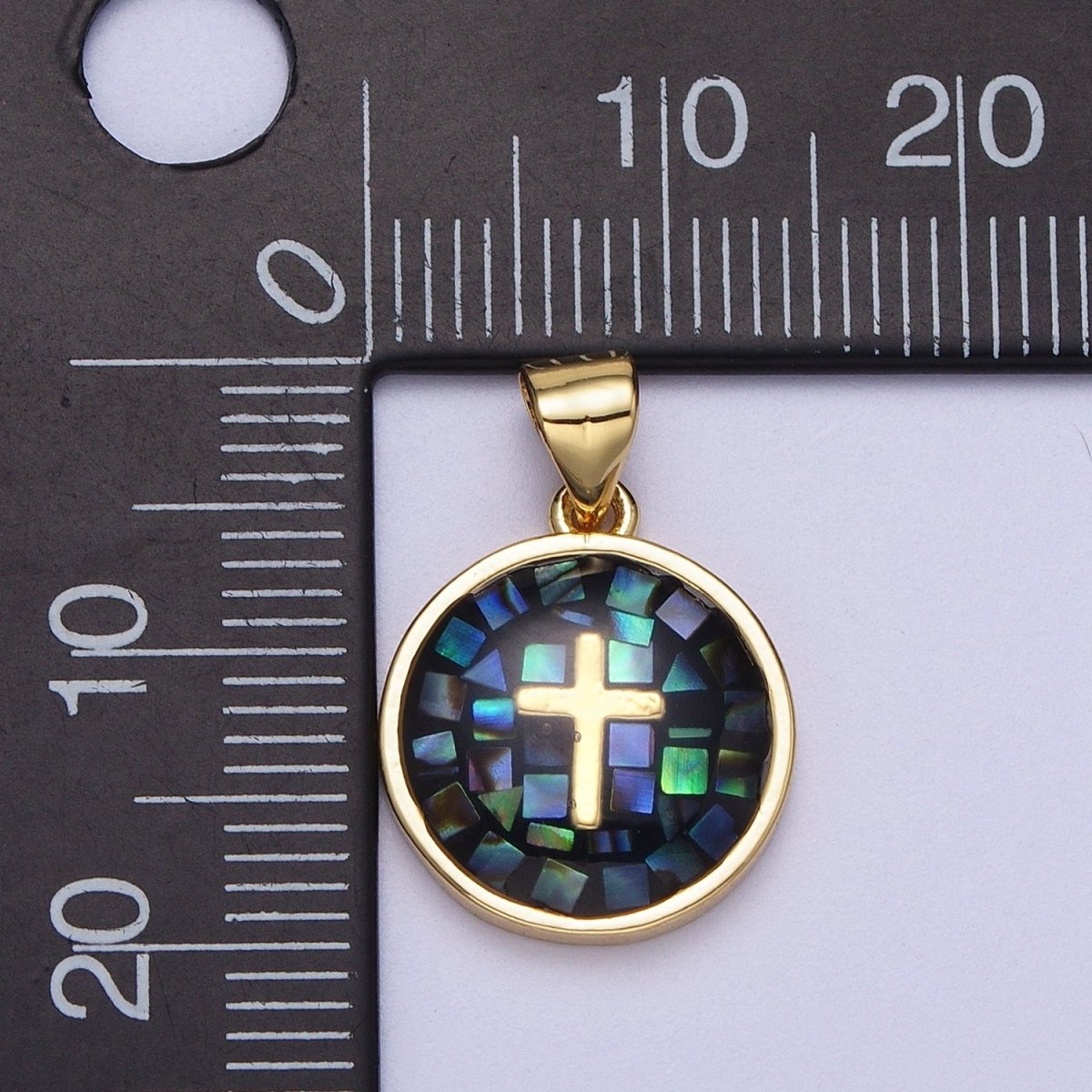 Gold Religious Cross Pink, White, Teal, Abalone, Green Shell Opal Round Pendant I-075 I-829 I-847 I-881 I-887 - DLUXCA