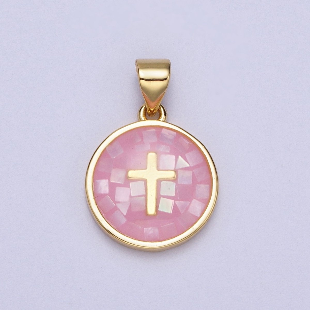 Gold Religious Cross Pink, White, Teal, Abalone, Green Shell Opal Round Pendant I-075 I-829 I-847 I-881 I-887 - DLUXCA