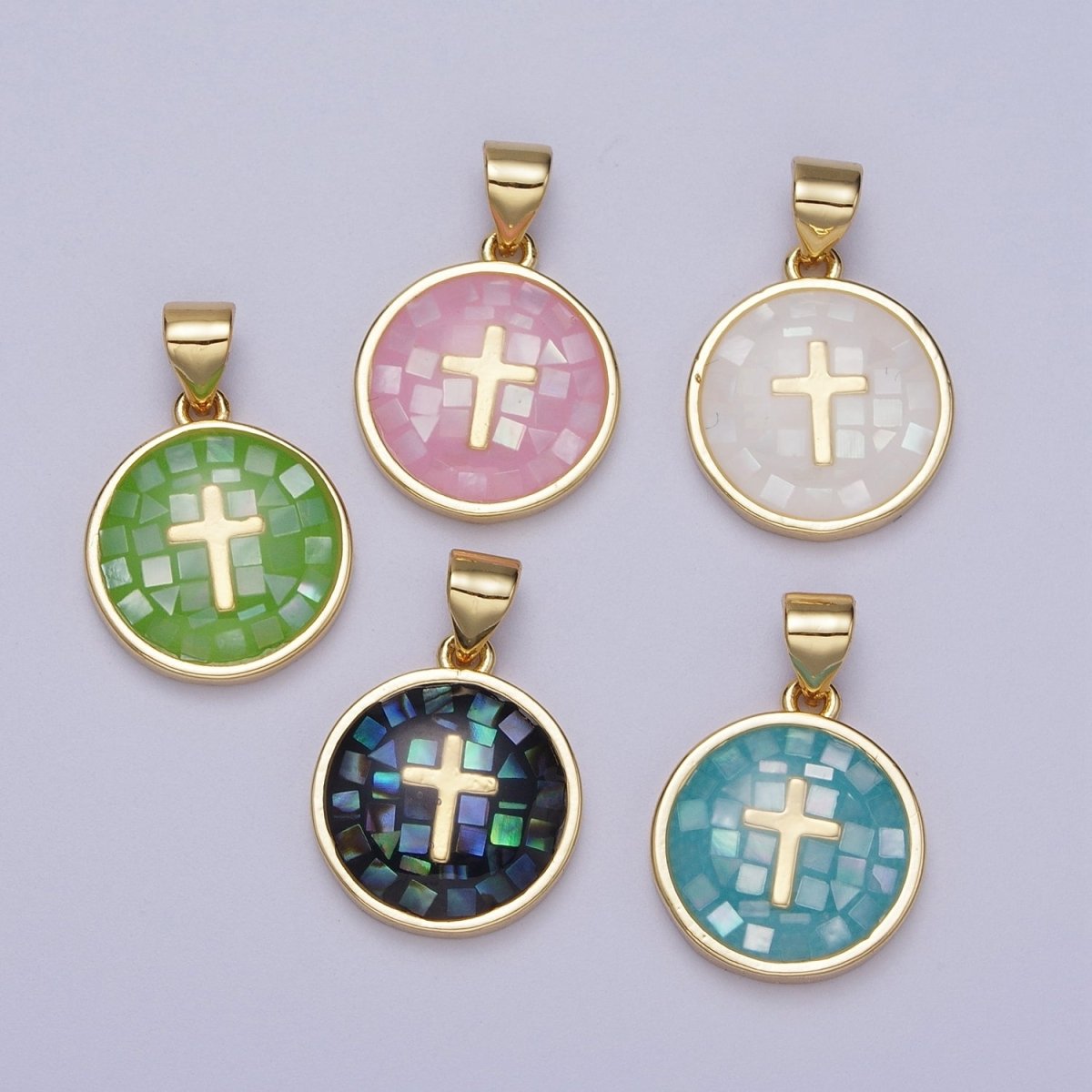 Gold Religious Cross Pink, White, Teal, Abalone, Green Shell Opal Round Pendant I-075 I-829 I-847 I-881 I-887 - DLUXCA