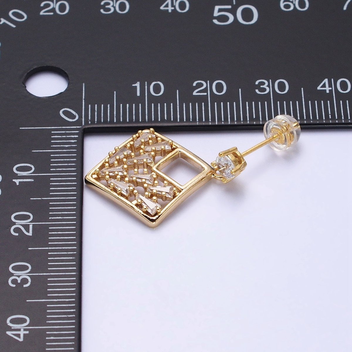 Gold Rhombus Dangle Stud Earring Clear Cz Micro Pave Baguette Stone Statement Earring AB668 - DLUXCA