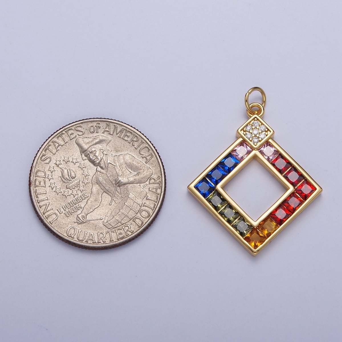 Gold Rhombus Multicolor CZ Clear Micro Paved Geometric Charm AG-124 - DLUXCA
